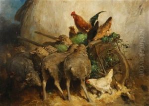 Schafe Und Huhner Bei Einer Schubkarre Mit Heu by Eugene Cottin