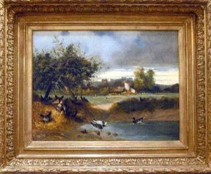 Poules Et Canards Pres D'une Mare Sur Fond De Paysage