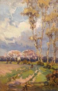 Eucalyptus Landscape With Figures On A Path by John Wesley Cotton