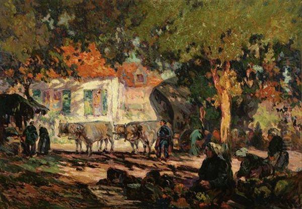 Figures And Covered Ox Cart In A Village Scene - view 1