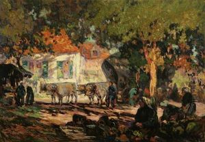 Figures And Covered Ox Cart In A Village Scene by John Wesley Cotton