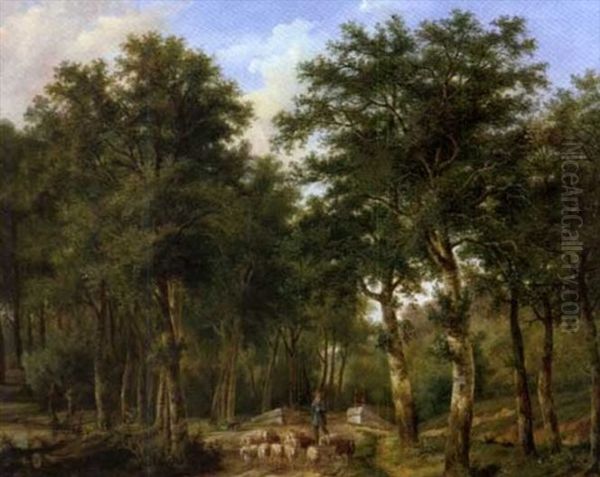 Paysage De Foret Avec Un Berger Et Son Troupeau - view 1