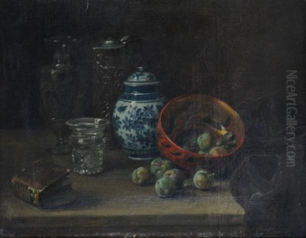 Nature Morte A La Corbeille De Prunes Et Au Pichet En Porcelaine Blanc Et Bleu - view 1