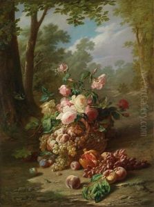 Ein Korb Mit Blumen Und Fruchten Vor Landschaftshintergrund by Emile Gustave Couder