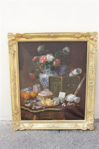 Composition Au Bouquet Dans Un Vase Chinois, Confiseries, Fruits Et Perles Sur Une Table En Marqueterie Boulle - view 1