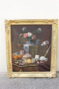 Composition Au Bouquet Dans Un Vase Chinois, Confiseries, Fruits Et Perles Sur Une Table En Marqueterie Boulle by Emile Gustave Couder