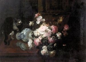 Cat Overturning A Vase Of Flowers
