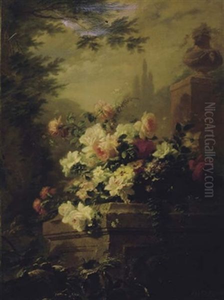 Basket Of Blossoming Flowers On A Ledge - view 1