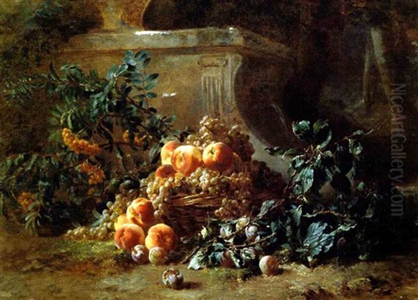 Basket Of Peaches, Plums, And Flowers In A Garden - view 1