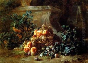 Basket Of Peaches, Plums, And Flowers In A Garden