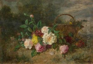 Still Life Of Roses With A Basket by Jean Alexandre Remy Couder