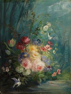 Stillleben Mit Blumen Und Vogeln (pair) by Jean Alexandre Remy Couder