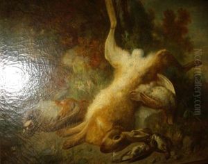 Trophee De Chasse Au Pied D'un Arbre, Lievre Suspendu Par Une Patte, Perdreaux Rouges Et Grives by Jean Alexandre Remy Couder