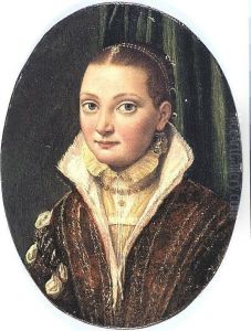 Portrait Of Sofonisba Anguissola, Half Length, Wearing A Red Doublet Over A Cream Shirt, With Blue Pearl-drop Earings by Lucia Anguissola