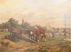 Martin Coulaud (france, 1860-1906), Animals Resting Nearby A Market, Oil On Canvas by Martin Coulaud