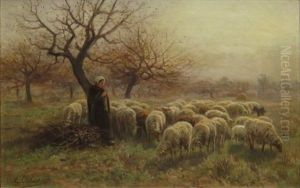 Woman With Sheep In Pasture by Martin Coulaud