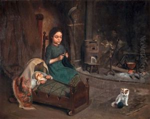 Petite Fille Bercant Un Bebe Au Coin Du Feu by Martin Coulaud