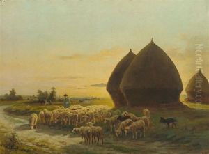 Abendlandschaft Mit Groser Schafherde Im Schatten Von Strohmieten by Martin Coulaud