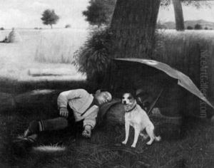 A Boy And His Dog Resting In A Wheat Field by Martin Coulaud