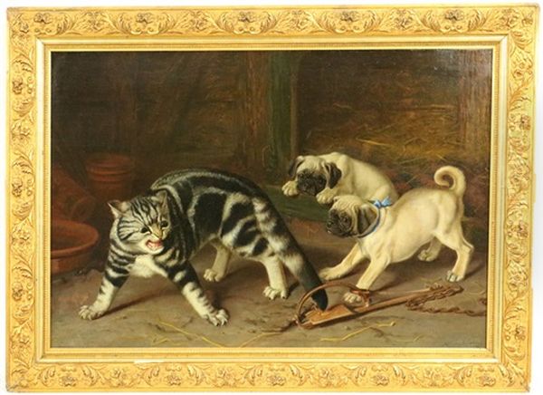 Twee Mopsen En Een Kat Met Staart In De Val - view 1