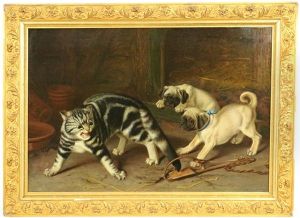 Twee Mopsen En Een Kat Met Staart In De Val