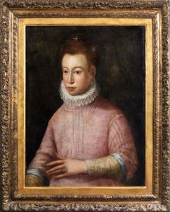 Halbbildnis Einer Adeligen Dame Im Rosafarbenen Kleid Mit Perlenkette Und Halskrause