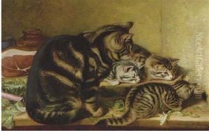 Recumbent Kittens And Cat by Horatio Henry Couldery