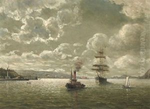 Red Stack Tug And Clipper Ship In The Golden Gate by William Coulter
