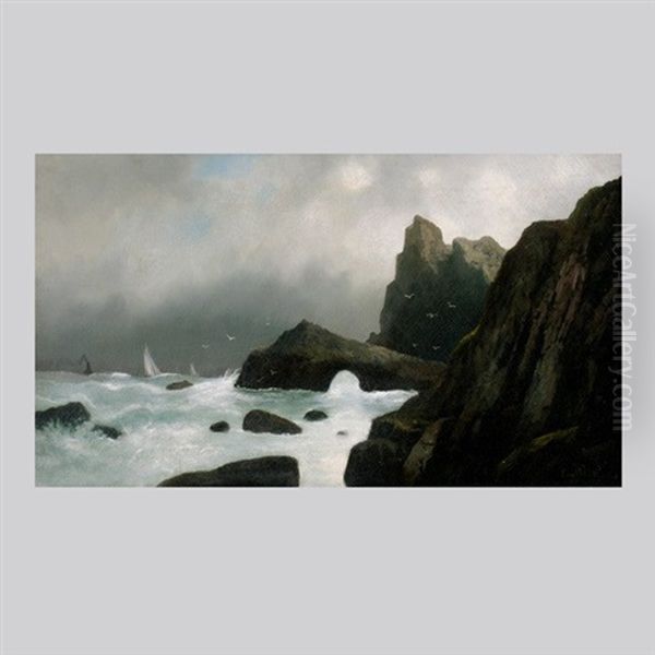 Ship In Rough Seas Off Rocky Coast - view 1