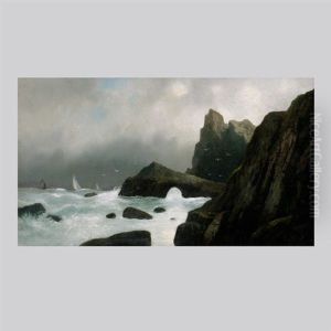 Ship In Rough Seas Off Rocky Coast by William Coulter