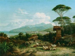 A Shepherd And His Flock In An Italian Landscape