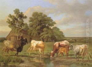 Cattle Drinking At A Pool by Charles Coumont