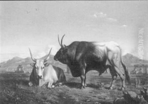 Kuh Und Stier In Antiker Landschaft by Charles Coumont