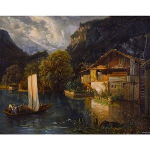 Schweizer Bergsee Mit Segelboot Und Bauernhausern