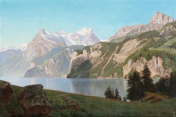 Landscape With Sunny Snow-clad Mountains And A Lake - view 1