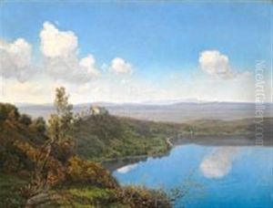 View Of The Lake Albano With The Papal Palace Of Castel Gandolfo by Janus Andreas Bartholin La Cour