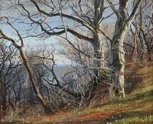 Spring Day At A Hillside With Beeches And Anemones, In The Background The Sea