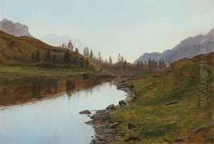 Landscape From Schweiz With Lake, In The Background Mountains by Janus Andreas Bartholin La Cour