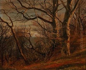 Autumn Day At A Hillside With Beeches And Anemones, In The Background The Sea