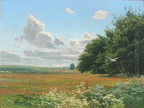 Summer Landscape With Flying Stork Over A Flowering Meadow - view 1