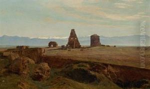 A Misty Day In The Roman Campagna, In The Background Snow-covered Mountains by Janus Andreas Bartholin La Cour