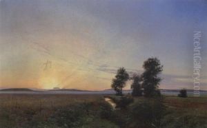 Solnedgang Over Marklandskab Med Traeer Ved En A by Janus Andreas Bartholin La Cour