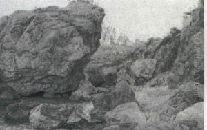 Klippeparti Fra Capri, I Baggrunden By by Janus Andreas Bartholin La Cour