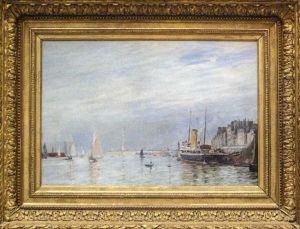 Voiliers Et Bateau A Vapeur Dans Le Port Du Havre by Maurice Francois Auguste Courant