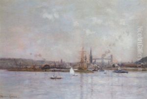A Calm Day On The River With A Busy Town Beyond
