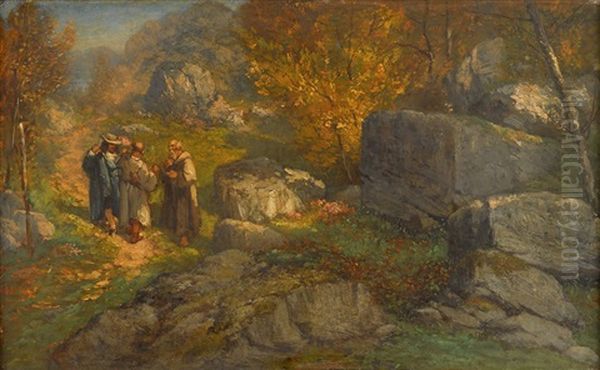 Monks And A Traveler On A Track In A Landscape - view 1