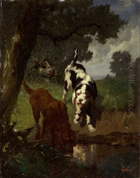 Drei Jagdhunde An Der Tranke - view 1