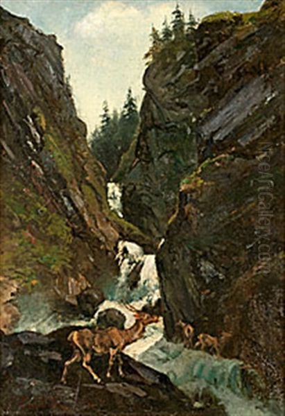 Hjortar Vid Ett Vattenfall. Hans Krets. Bar Signatur G. Courbet - view 1