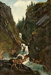 Hjortar Vid Ett Vattenfall. Hans Krets. Bar Signatur G. Courbet by Gustave Courbet
