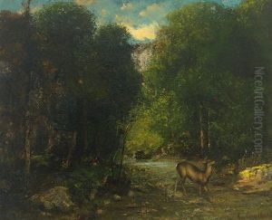 Waldlandschaft Mit Teich Und Rehbock Waldlandschaft Mit Teich Und Rehbock